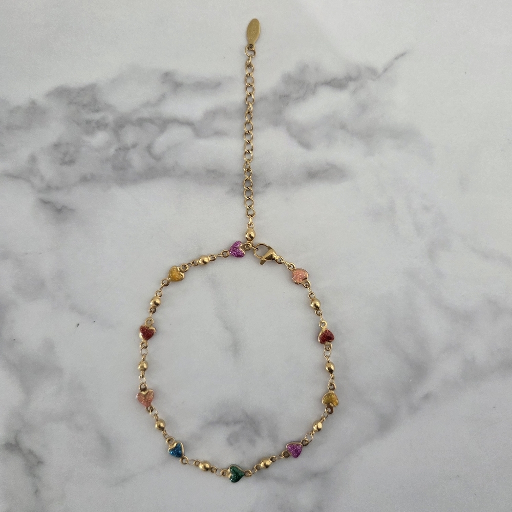 Adjustable 18k Gold Plated Anklet with Colorful Heart Charms - Picture 9 of 12
